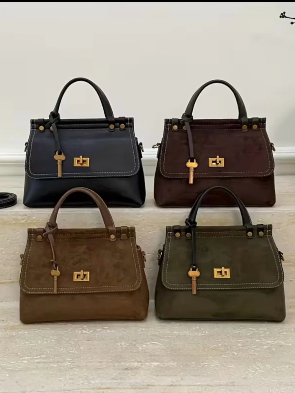 Women’s Black Leather Satchel with Gold Hardware